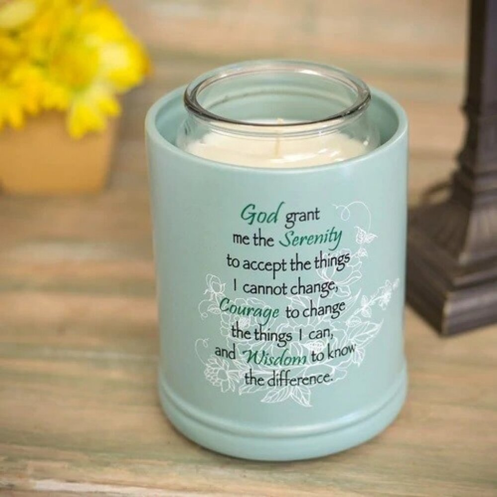 Serenity Prayer Teal White Floral Design Stoneware Electric Large Jar Candle War